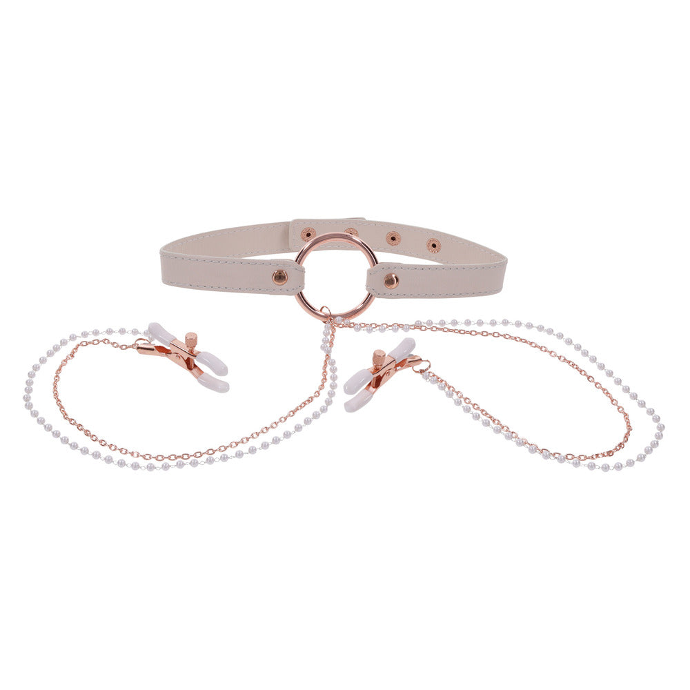 Sex and Mischief Pink Collar with Nipple Clamps and Hardware
