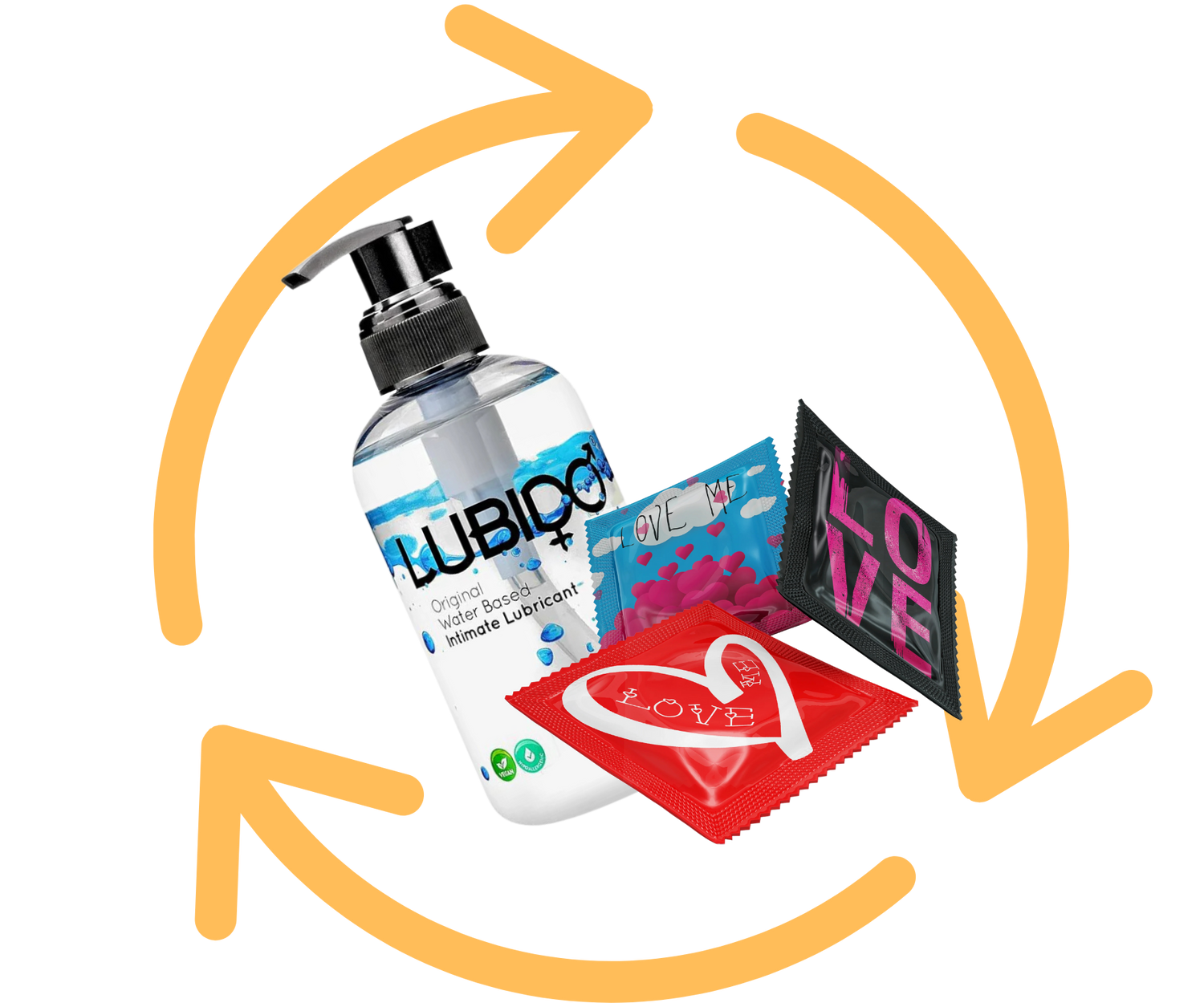 A bottle of lube and 3 condom packs with a repeat symbol behind it