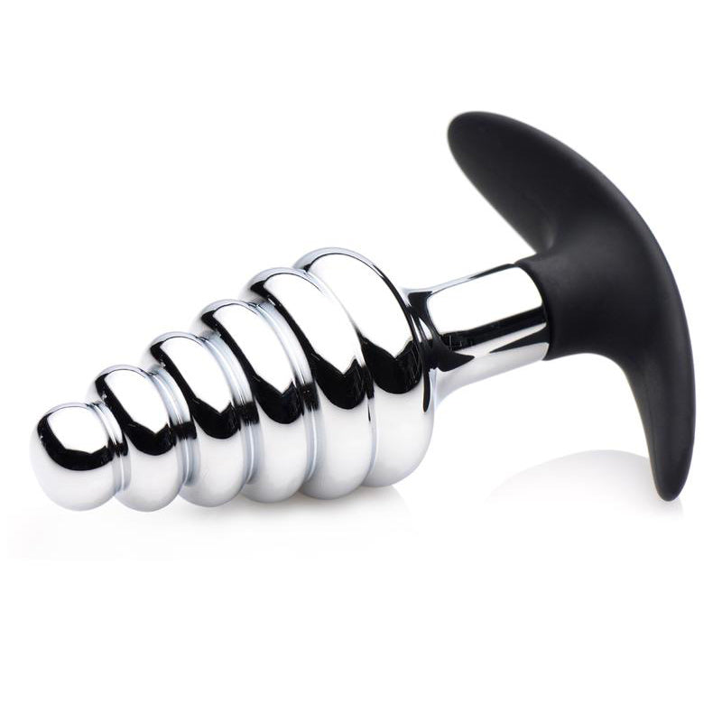Master Series Black Metal and Silicone Ribbed Anal Plug