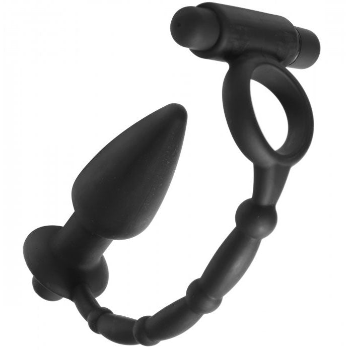 Viaticus Black Dual Cock Ring and Vibrating Anal Plug