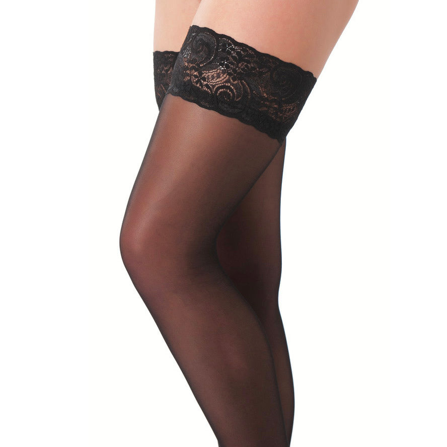 Rimba Black Hold-Up Stockings With Floral Lace Trim on a person