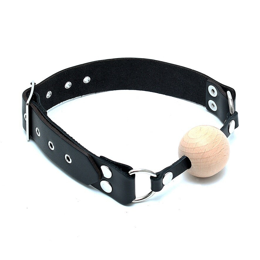 Bondage Essentials Black Leather Gag with Wooden Ball