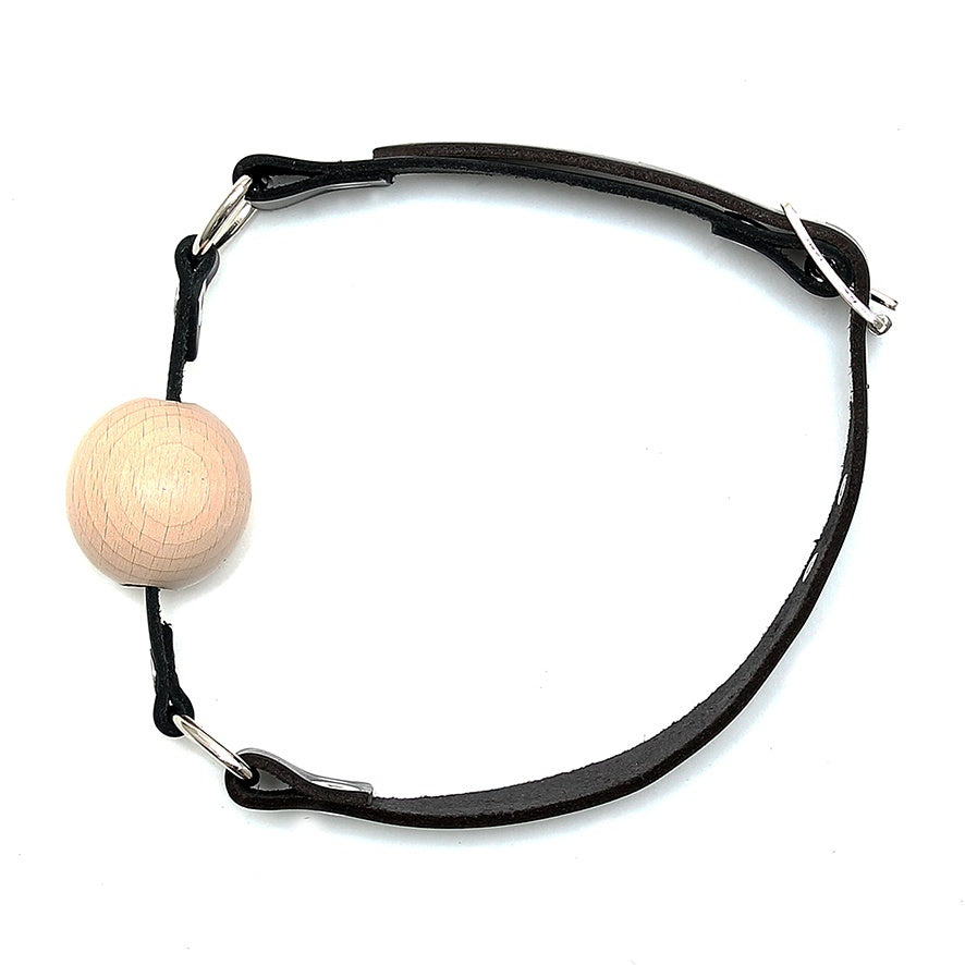 Bondage Essentials Black Leather Gag with Wooden Ball
