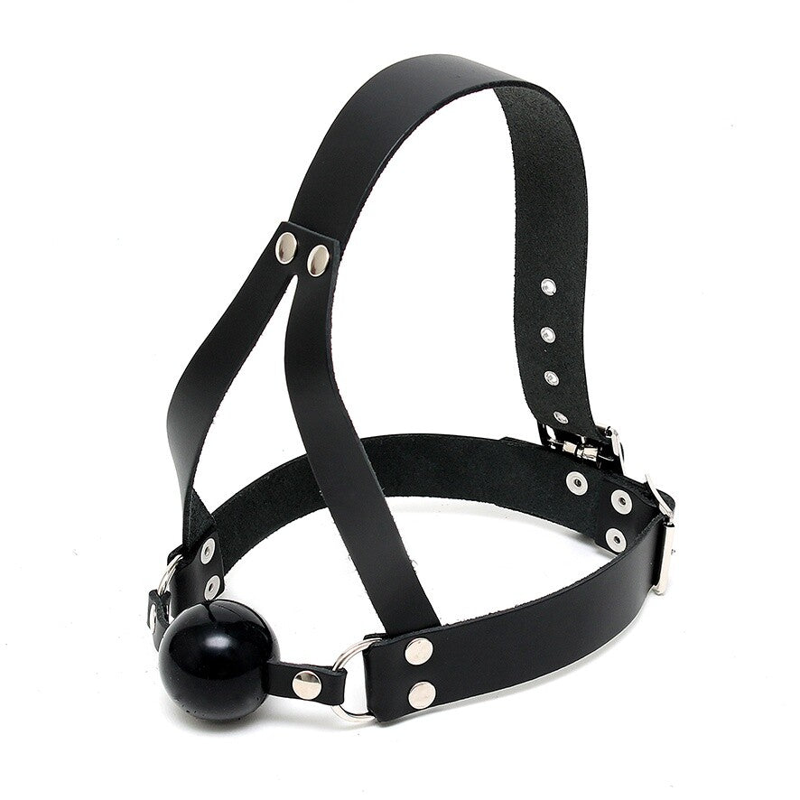 Genuine Leather Black Ball Gag and Head Harness