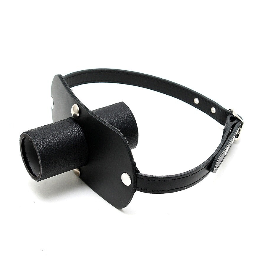 LeatherLux Black Adjustable Gag with Urine Tube