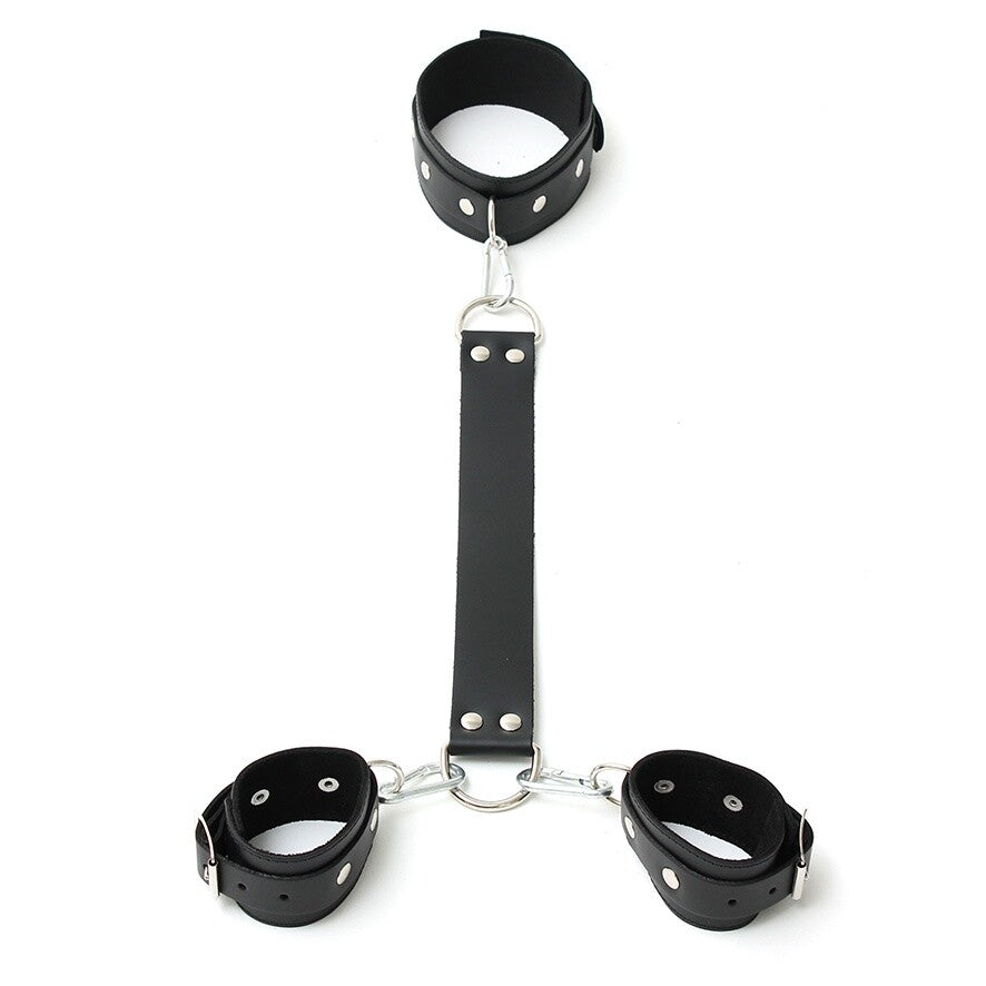 Genuine Leather Black Neck and Wrist Cuffs for Bondage