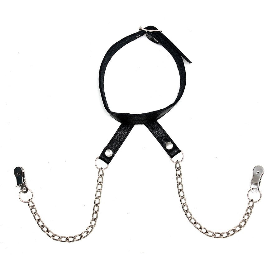 Leather Luxe Black Nipple Clamps with Adjustable Neck Collar