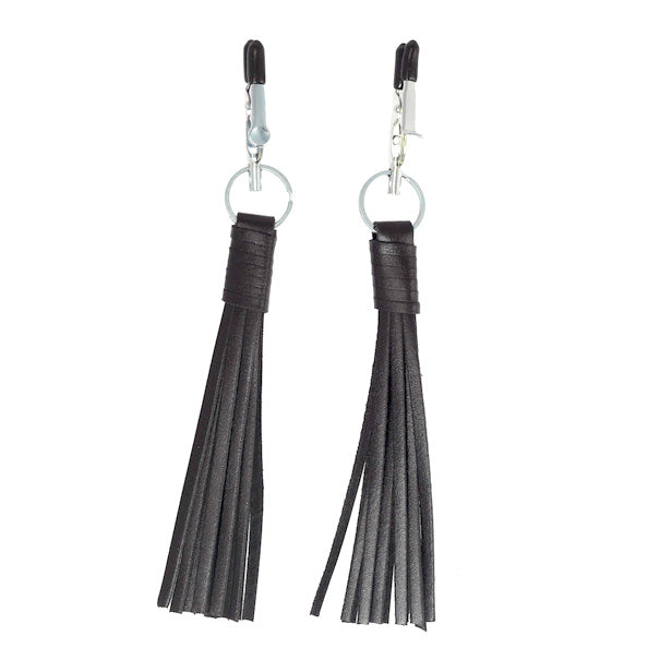 Elegant Pleasure Black Leather Nipple Clamps with Tassels