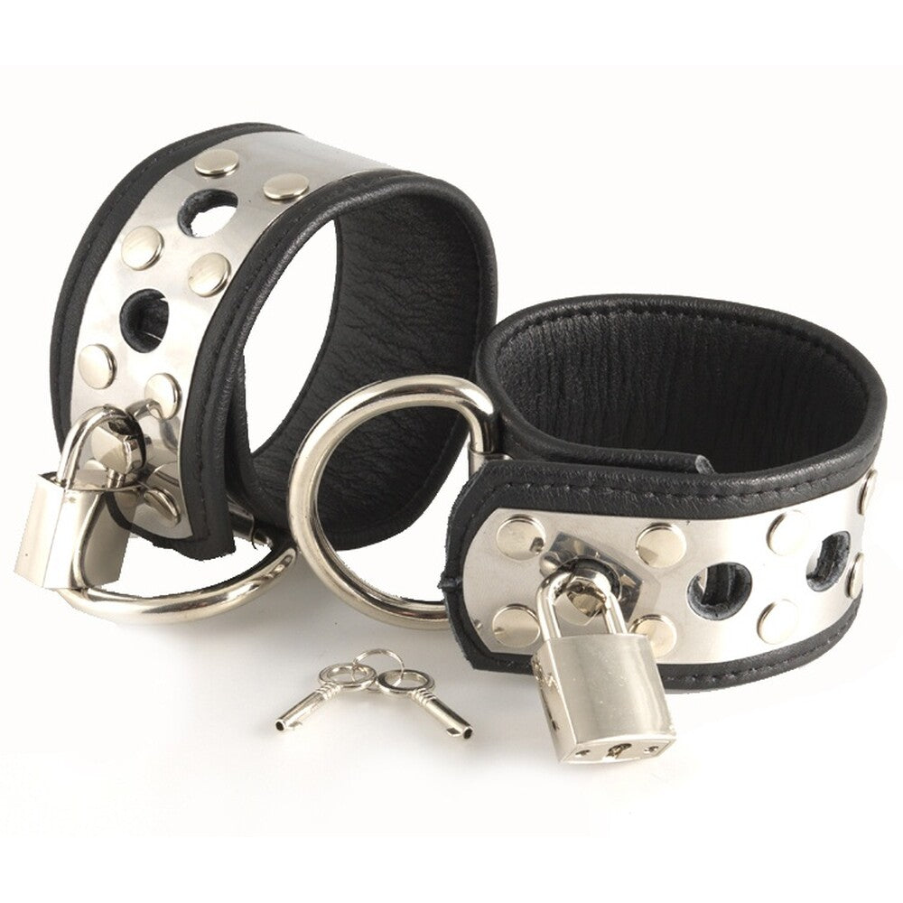 Luxurious Brand Black Leather Wrist Cuffs with Metal Padlocks
