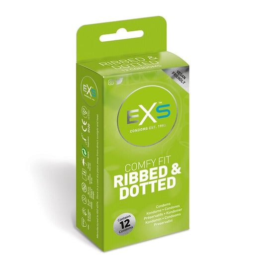 EXS Vegan-Friendly Ribbed Dotted Latex Condoms Comfy Fit 12 Pack