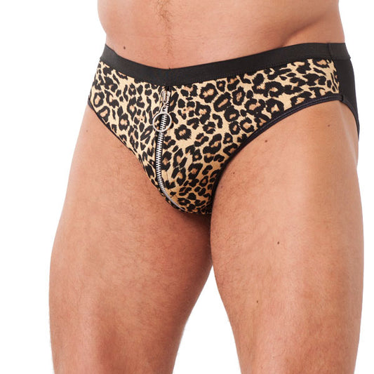 WildStyle Men's Black Animal Print Briefs with Zipper