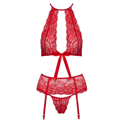 Kissable Red Seductive Lace Halterneck Set with Suspenders