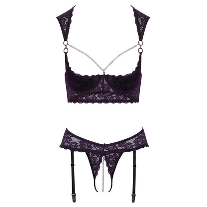 Cottelli LINGERIE Dark Purple Lace Cupless Crotchless Bra Set