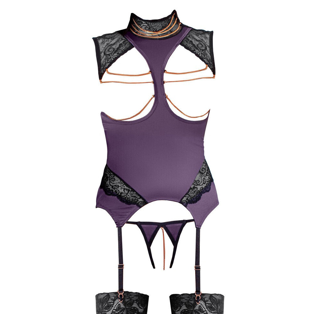 Abierta Fina Purple Basque and Crotchless Set with Removable Chains