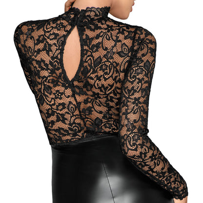 Elegant Designs Noir Black Lace Wet Look Pencil Dress
