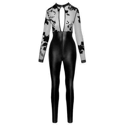 Elegant Couture Black Velvet-Flocked Stretch Tulle Jumpsuit