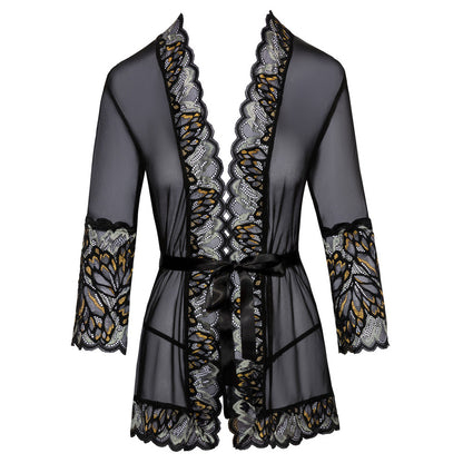 Elegant Dreams Black Lace Kimono with Satin Belt 34 Sleeves