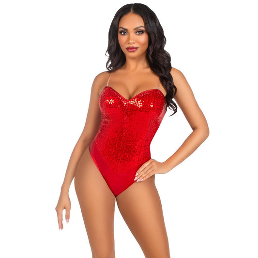 Leg Avenue Red Sequin Boned Bodysuit with Removable Straps