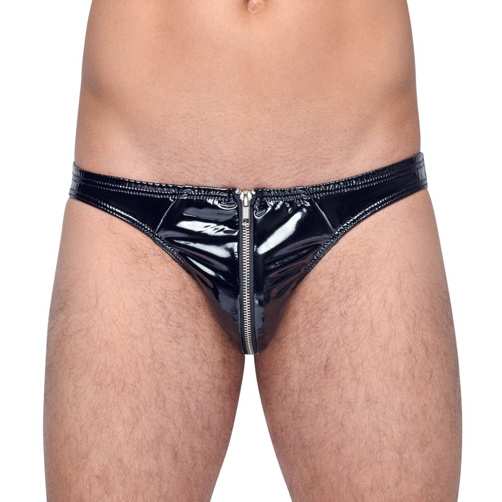 Black Level Vinyl Briefs With Zip in Black front view on man