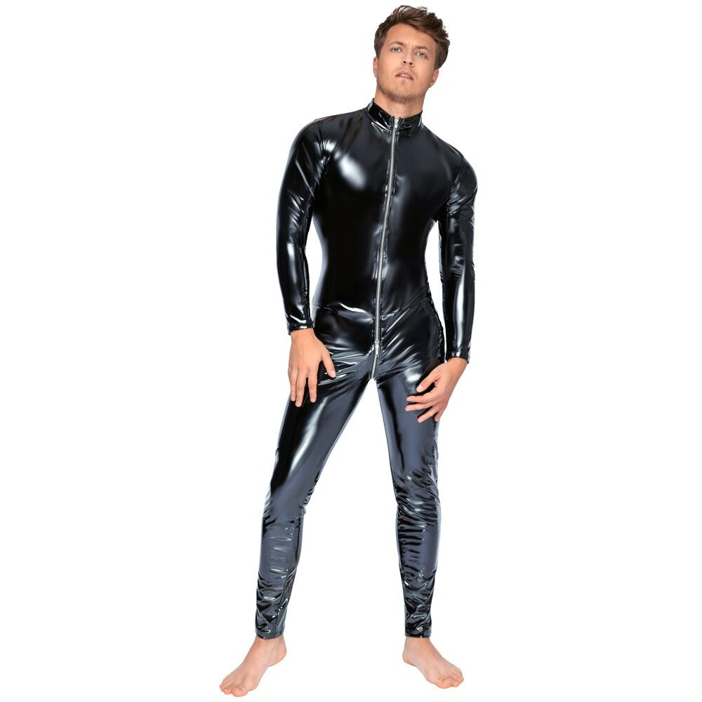 Level Black Zip-Front Vinyl Jumpsuit with Elegant Sheen