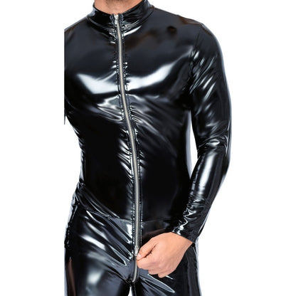 Level Black Zip-Front Vinyl Jumpsuit with Elegant Sheen