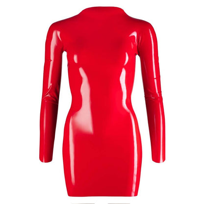 Vibrant Red Latex Mini Dress by [Brand Name] with Long Sleeves