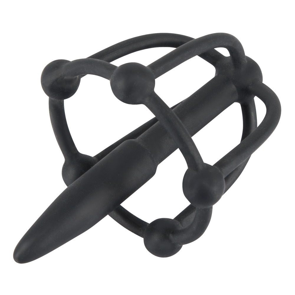 SensualSilicone Black Penis Plug with Glans Cage and Beads