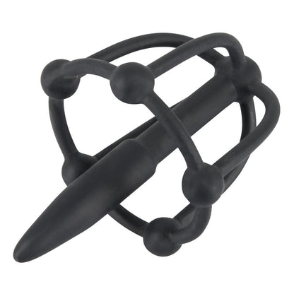 SensualSilicone Black Penis Plug with Glans Cage and Beads