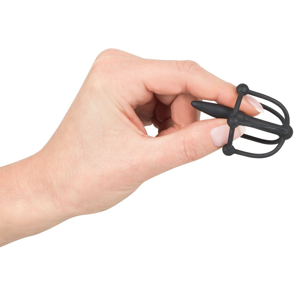 SensualSilicone Black Penis Plug with Glans Cage and Beads