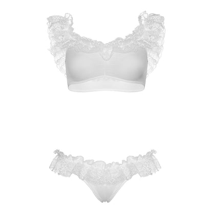 Leg Avenue Black Lace Ruffle Crop Top and Thong Set UK 8-14