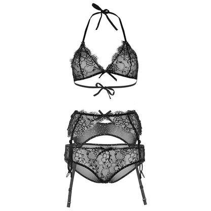 Leg Avenue Black Eyelash Lace Bra Top Panty Garterbelt Set