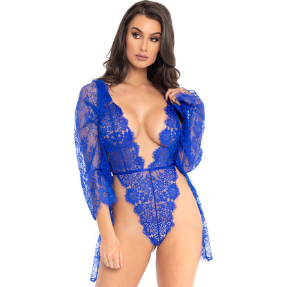 Leg Avenue Blue Floral Lace Teddy and Robe Set