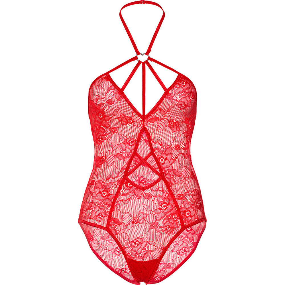 Leg Avenue Red Keyhole Teddy with Strappy Heart Ring Design