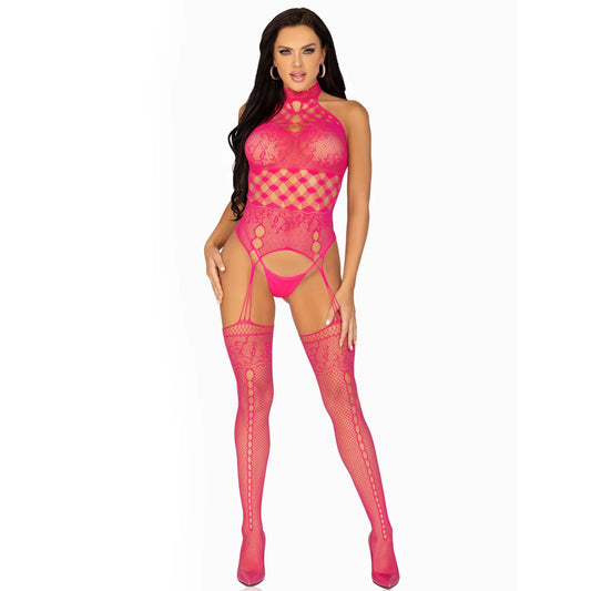 Leg Avenue Black High Neck Halter Net Lace Body Stocking UK 6-12