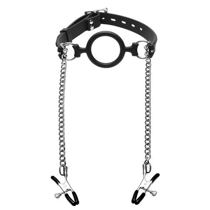 Mutiny Black Silicone O Ring Gag with Nipple Clamps