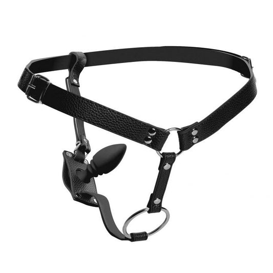 Strict Male Black Cock Ring Harness with Silicone Anal Plug