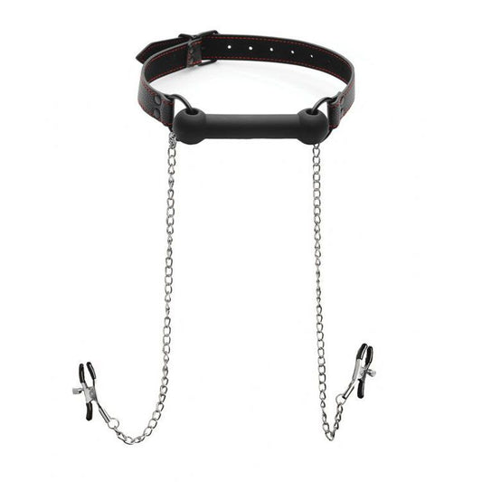 Silicone Dreams Red Adjustable Bit Gag with Nipple Clamps