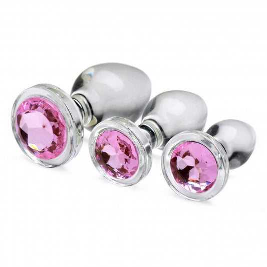 Crystal Clear Pink Gem Glass Anal Plug Set