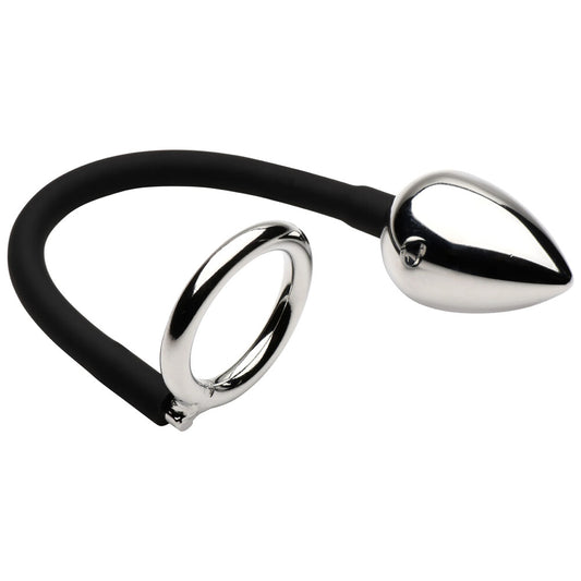 Master Series Silver Dual Action Tug Plug with Cock and Ball Ring