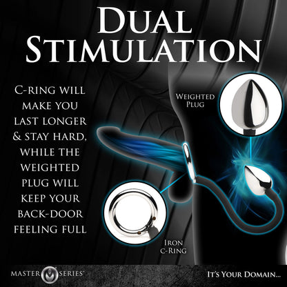 Master Series Silver Dual Action Tug Plug with Cock and Ball Ring