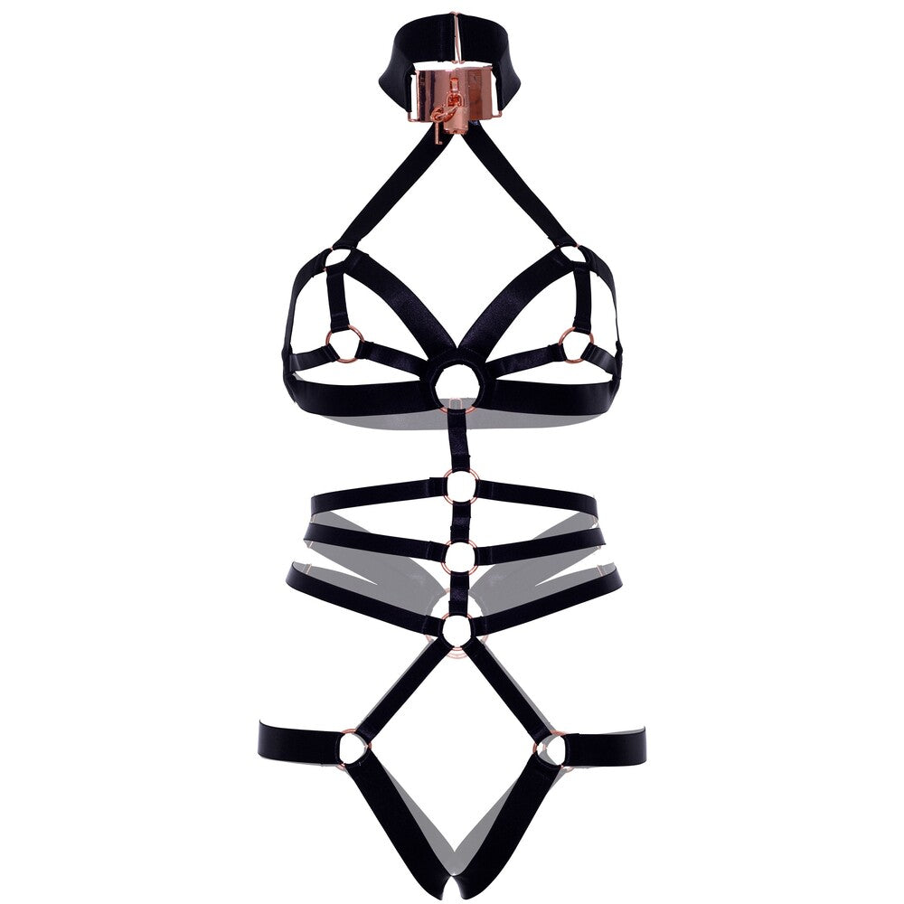KINK Rose Gold Satin Crotchless Teddy with O-Ring Design