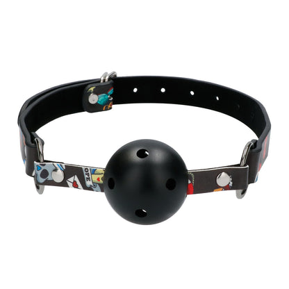 Ouch Black Breathable Ball Gag with Tattoo Printed Straps