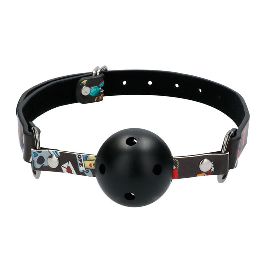 Ouch Black Breathable Ball Gag with Tattoo Printed Straps