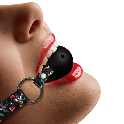 Ouch Black Breathable Ball Gag with Tattoo Printed Straps