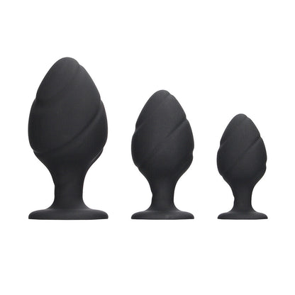 Ouch Black Silicone Swirled Butt Plug Set with Tapered Tip