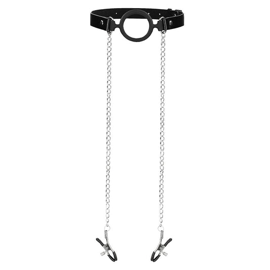 Ouch Black Silicone O Ring Gag with Nipple Clamps