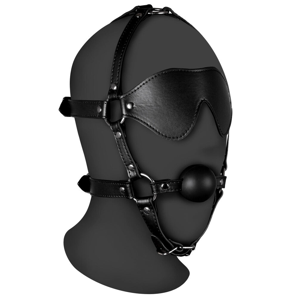 Ouch Black Blindfolded Harness with Solid Ball Gag