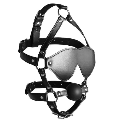 Ouch Black Blindfolded Harness with Solid Ball Gag