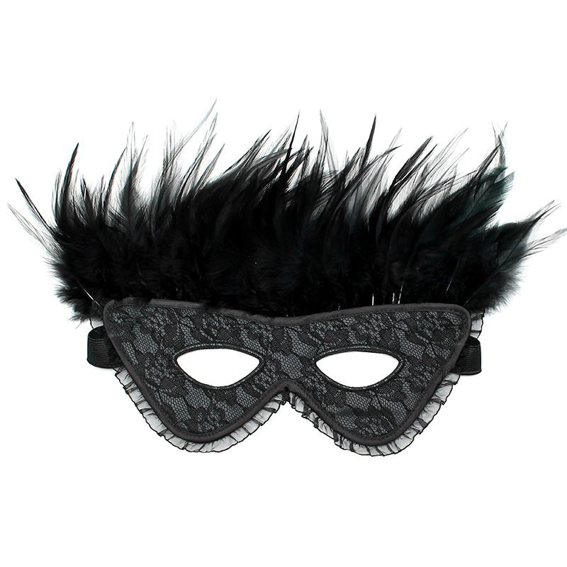 Elegant Affair Black Satin Feather Mask with Lace Overlay