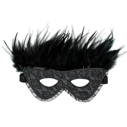 Elegant Affair Black Satin Feather Mask with Lace Overlay